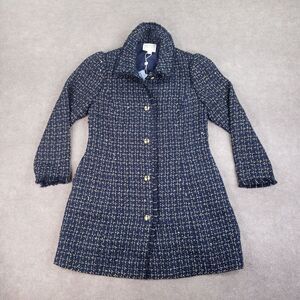 Sail to Sable Tweed Coat Womens Size Large Long Blue Gold Button Front Sequence‎